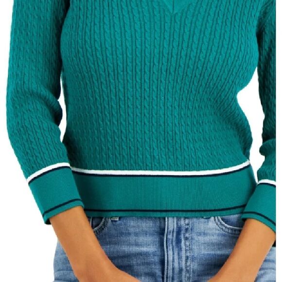 Tommy Hilfiger Women Cotton Johnny Collar Cable Knit Sweater Green Size XS NWT - Picture 2 of 6